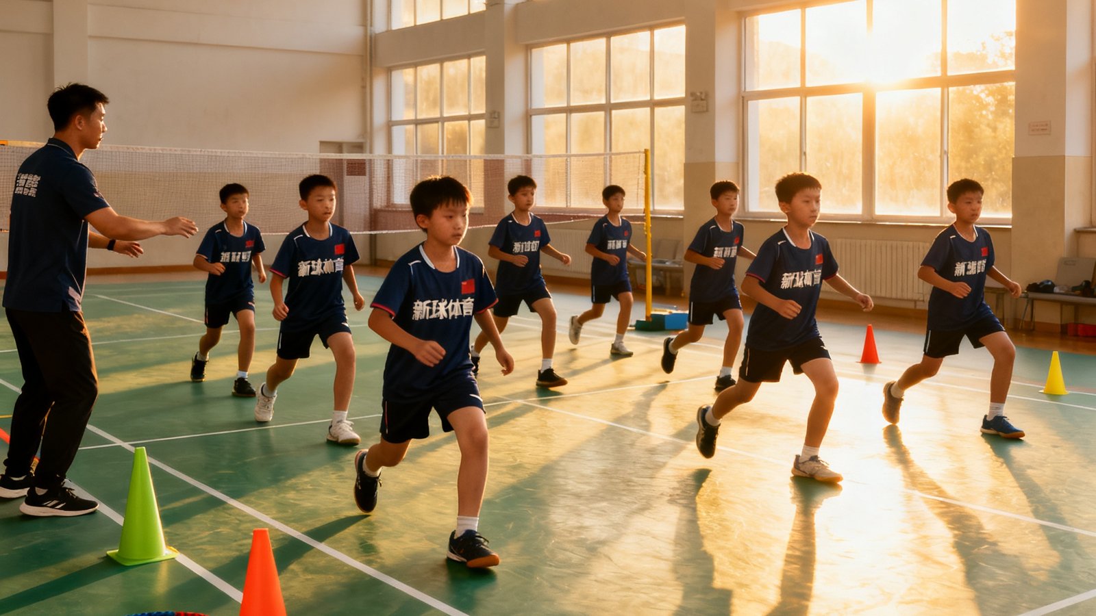12名身穿深蓝色新球体育训练服的青少年学员在教练指导下进行羽毛球前场步伐训练,每个人神情专注,场地边的锥桶和跳绳整齐摆放,阳光从侧面大窗洒入