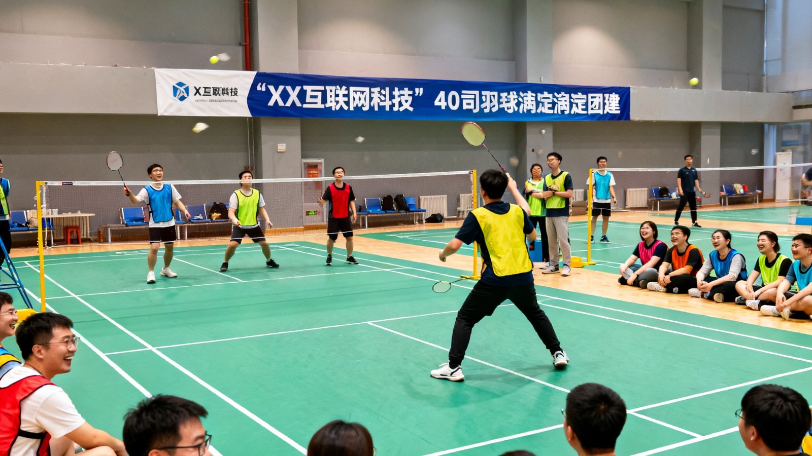 某互联网科技公司40名员工在新球体育海淀馆进行团建羽毛球友谊赛,场地中央悬挂着公司横幅,参赛者穿着彩色分队背心,场边观战区笑声不断